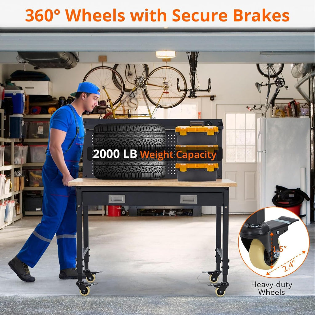48x24 Inch Heavy-Duty Adjustable Workbench with Rubber Wood Top – 2000LB Capacity Mobile Garage Workstation with Drawer&Backplate, Ideal for Workshop, DIY & Tool Storage