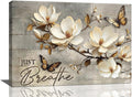 Floral Magnolia Bathroom Pictures Wall Art, Just Breathe Bathroom Wall Decor, Flower Butterfly Framed Painting Canvas Artwork for Bedroom Living Room Decorations 24"L x 16"W