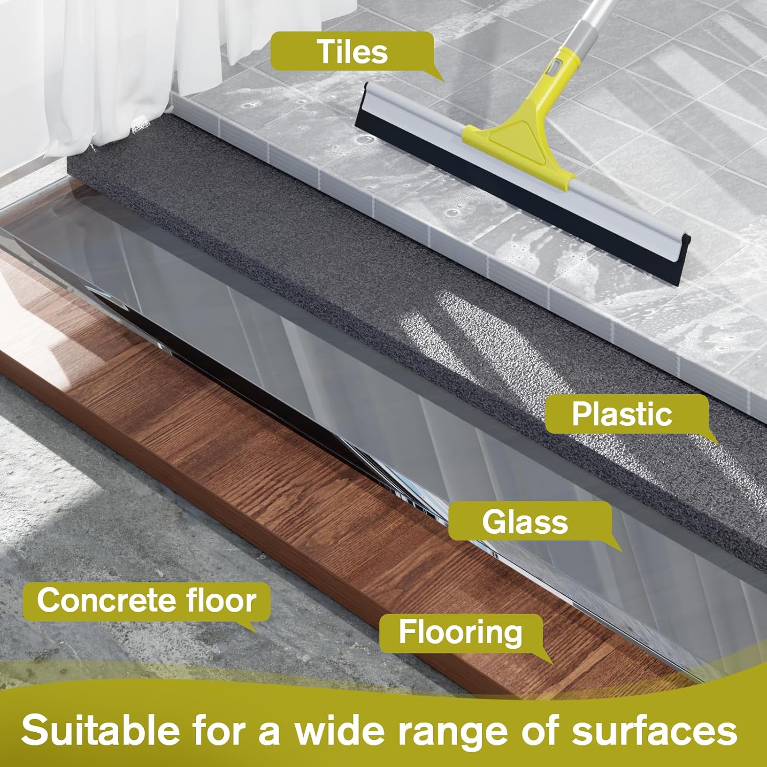 60'' Floor Squeegee Heavy Duty Scrubber with Telescopic Pole, Long Handle Squeegee for Floor with Rubber Blade, Broom for Concrete Floor Shower Tile Glass Pool Garage -17in