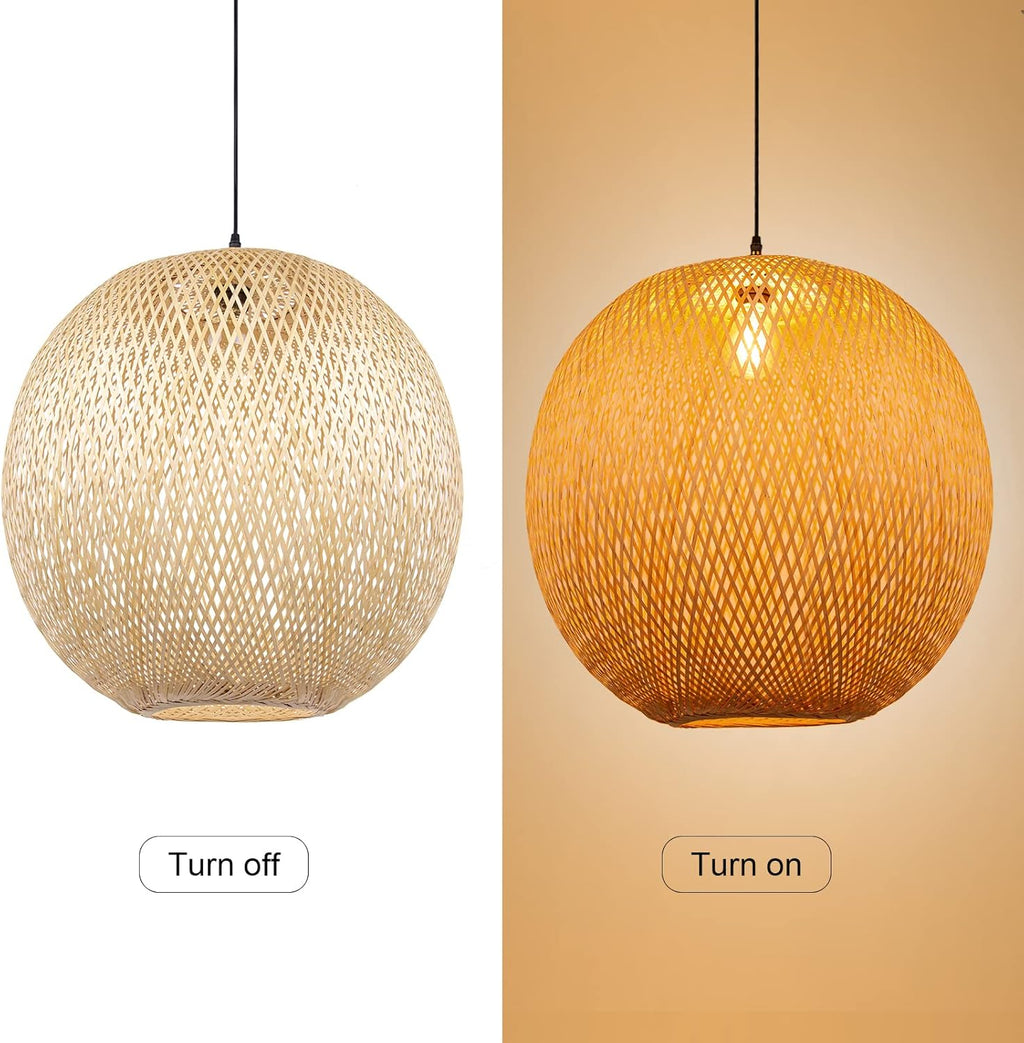 Arturesthome Round Bamboo Pendant Lights, Wicker Chandelier Hand-Woven Boho Basket Lampshade Hanging Ceiling Light for Kitchen Island Living Room