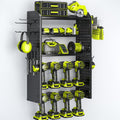 KAFAHOM Power Tool Organizer,Large 8 Drill Holder Wall Mount with 2 Side Pegboards,5 Layer Metal Tool Storage Rack with 12 Hooks,Tool Shelf for Garage Organization,Utility Battery Shelves - Black