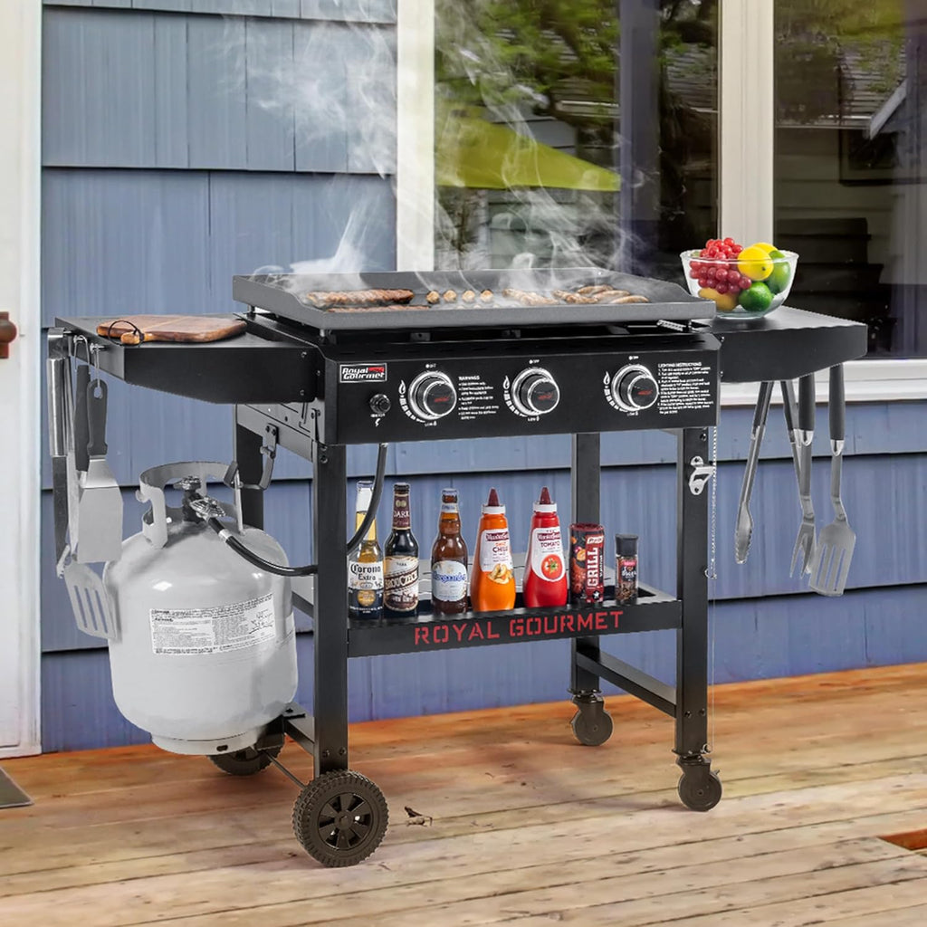 Royal Gourmet GB3000H 3 Burner Propane Gas Griddle with Foldable Side Tables, 28-Inch Flat Top Grill with 492 Sq. In. Cooking Area for Backyard and Tailgating, Black