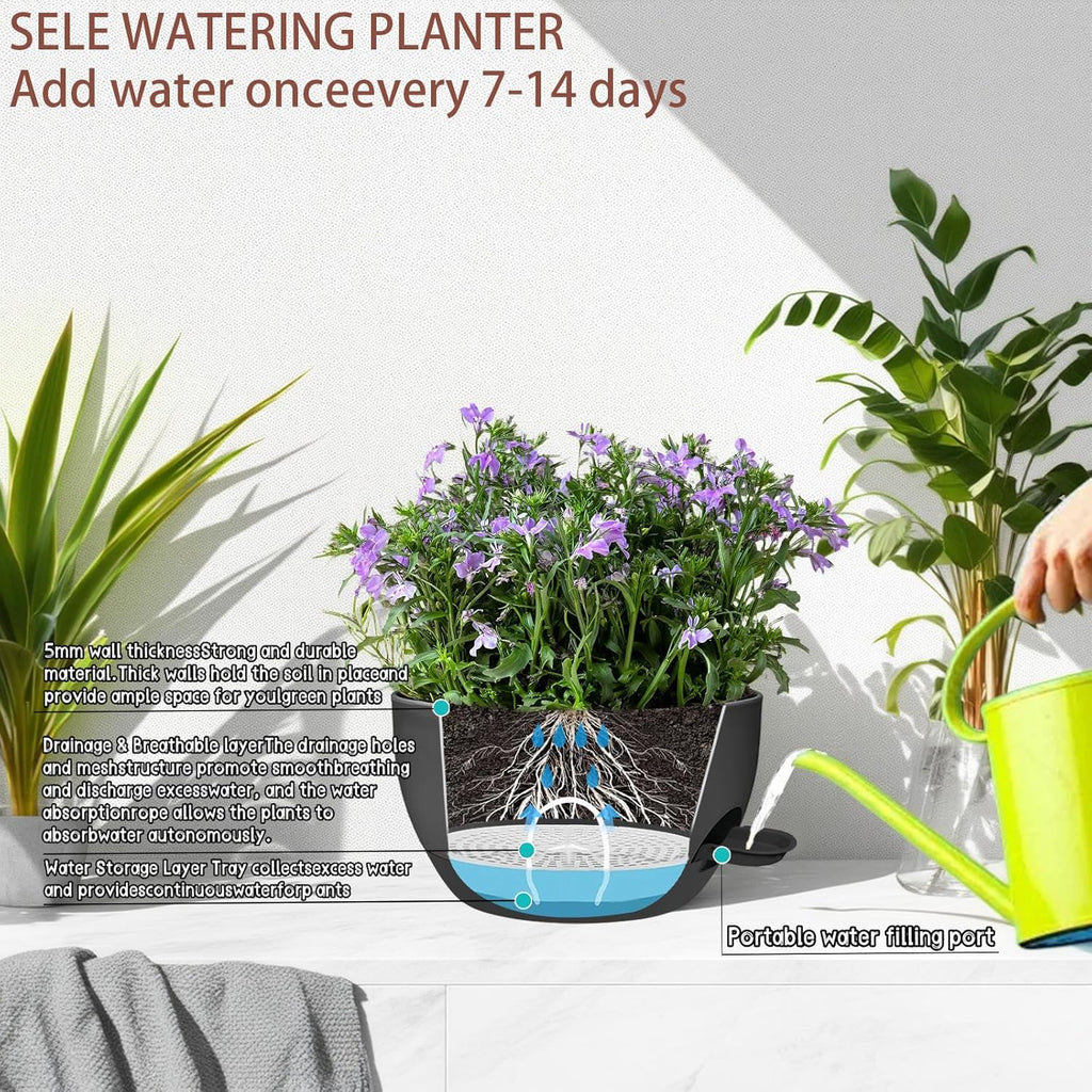 2 Pack 12 Inch Large Hanging Planters with Chains Self Watering Black Plastic Hanging Pots for Indoor Outdoor Plants, Garden Porch Home Decor，Black