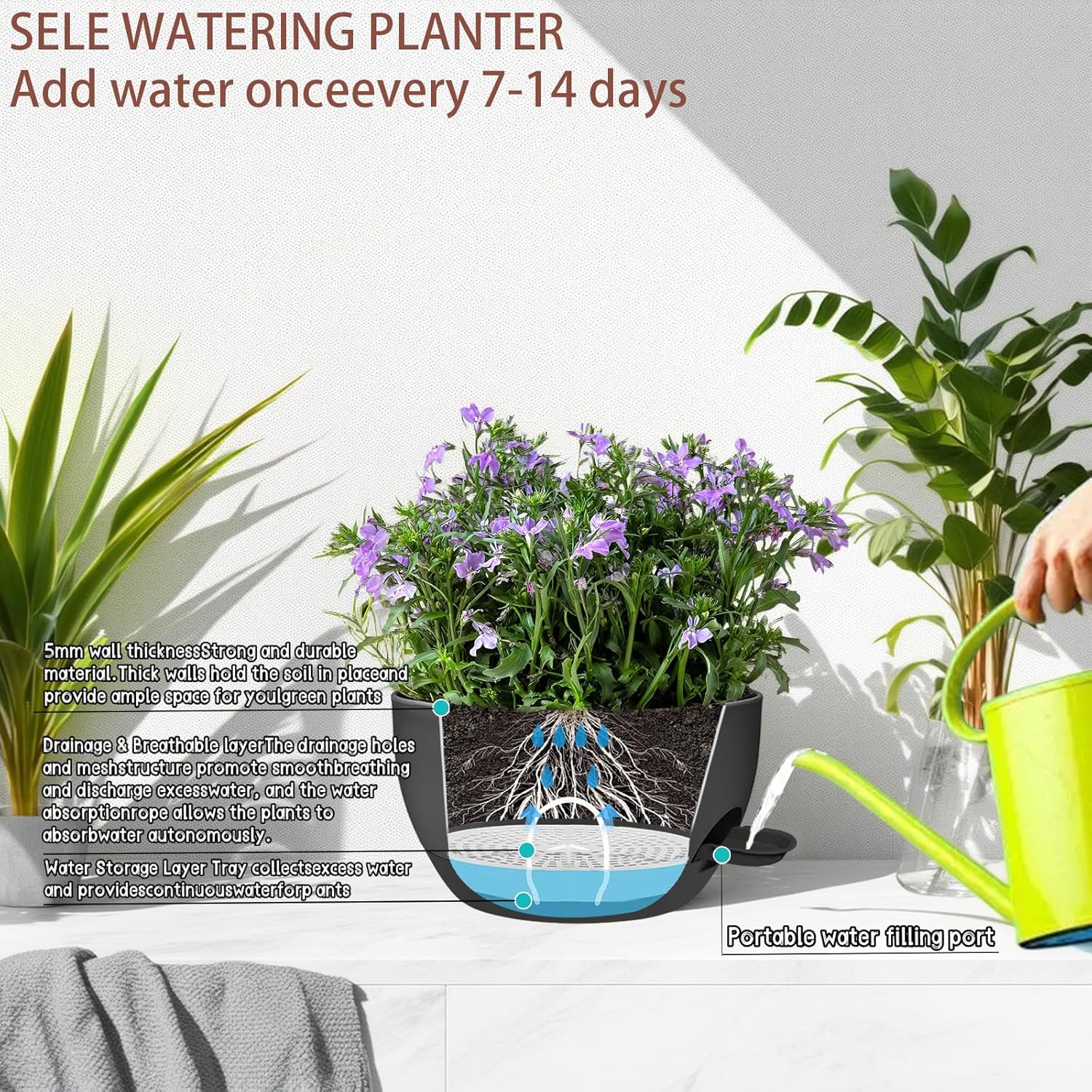 2 Pack 12 Inch Large Hanging Planters with Chains Self Watering Black Plastic Hanging Pots for Indoor Outdoor Plants, Garden Porch Home Decor，Black