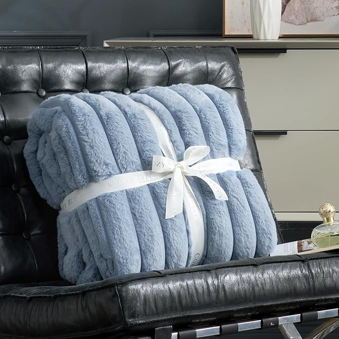 Cozy Bliss Faux Fur Throw Blanket for Couch, Cozy Warm Plush Striped Blanket for Sofa Bedroom Living Room,60 * 80 Inches Light Blue