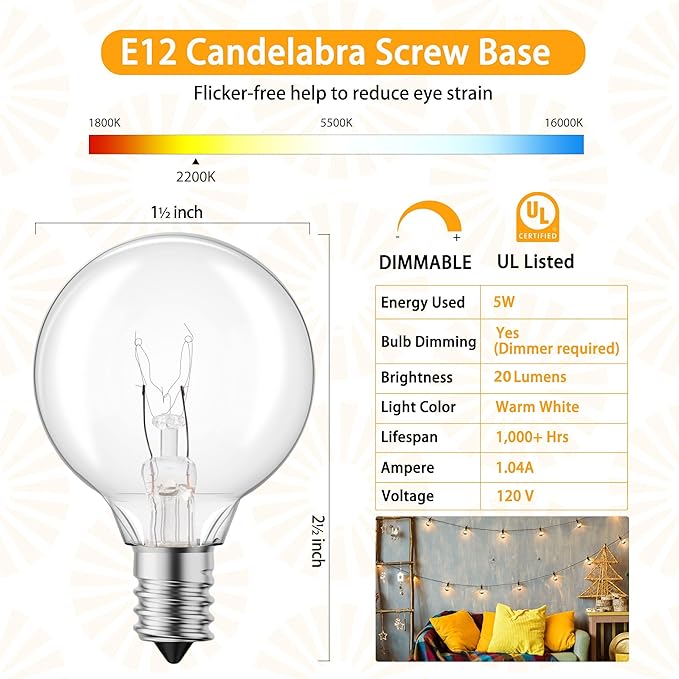 Brightown G40 Replacement Light Bulbs, 25 Pack 5W Clear Globe Bulb fits E12 C7 Candelabra Screw Base Sockets, 1.5 Inch Dimmable Light Bulbs for Indoor Outdoor Patio Decor, Warm White
