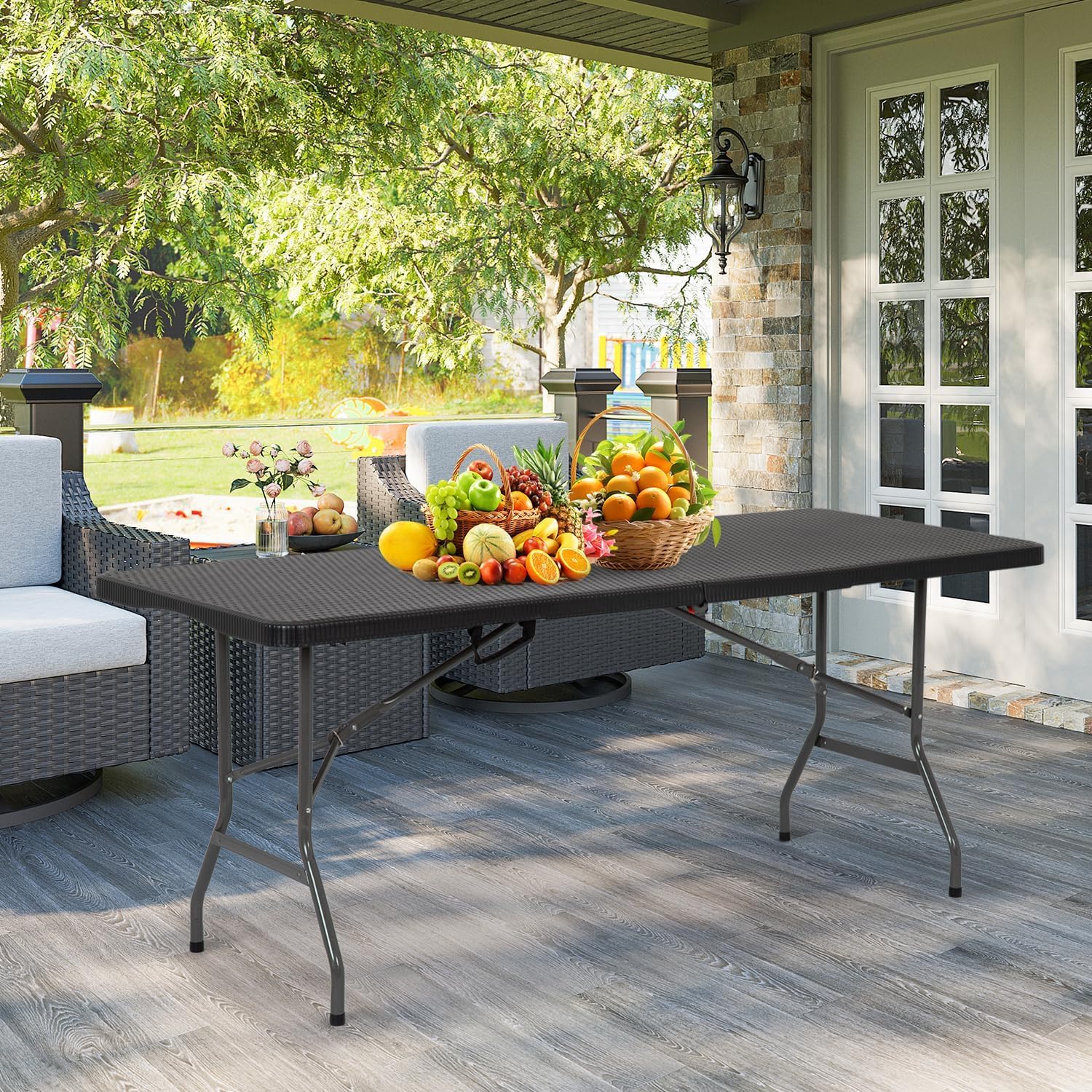 6FT Folding Table, Heavy Duty Plastic Table Portable Fold-in-Half Utility Table Indoor Outdoor Picnic Table w/Handle & Lock for Camping BBQ Party Wedding Market Events, Black Ratten