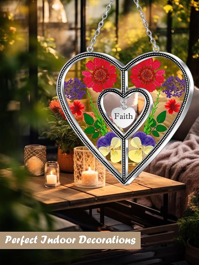 KY&BOSAM Heart Suncatcher Faith Stained Glass Hangings for Windows Sun Catchers Birthday Gifts for Women Real Flower Glass & Metal Maker for Christmas Tree Wedding Party Patio Home Garden Decor