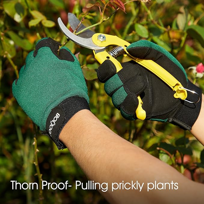 COOLJOB Thorn Proof Garden Gloves with Touchscreen Fingers for Men, Rose Pruning Work Gloves with Palm Cushion for Gardener, Farmer and Landscaper (Green 1 Pair Small)