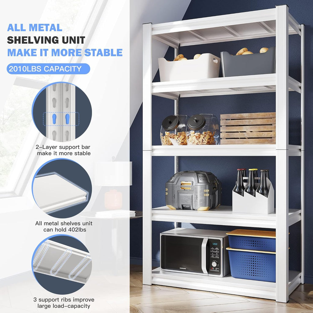 Raybee 72''H Garage Shelving Heavy Duty Storage Shelves Load 2010LBS Adjustable 5 Tier Metal Shelving White Garage Sheves Pantry Shelf for Kitchen Closet 72''H*31.7''W*16.3''D