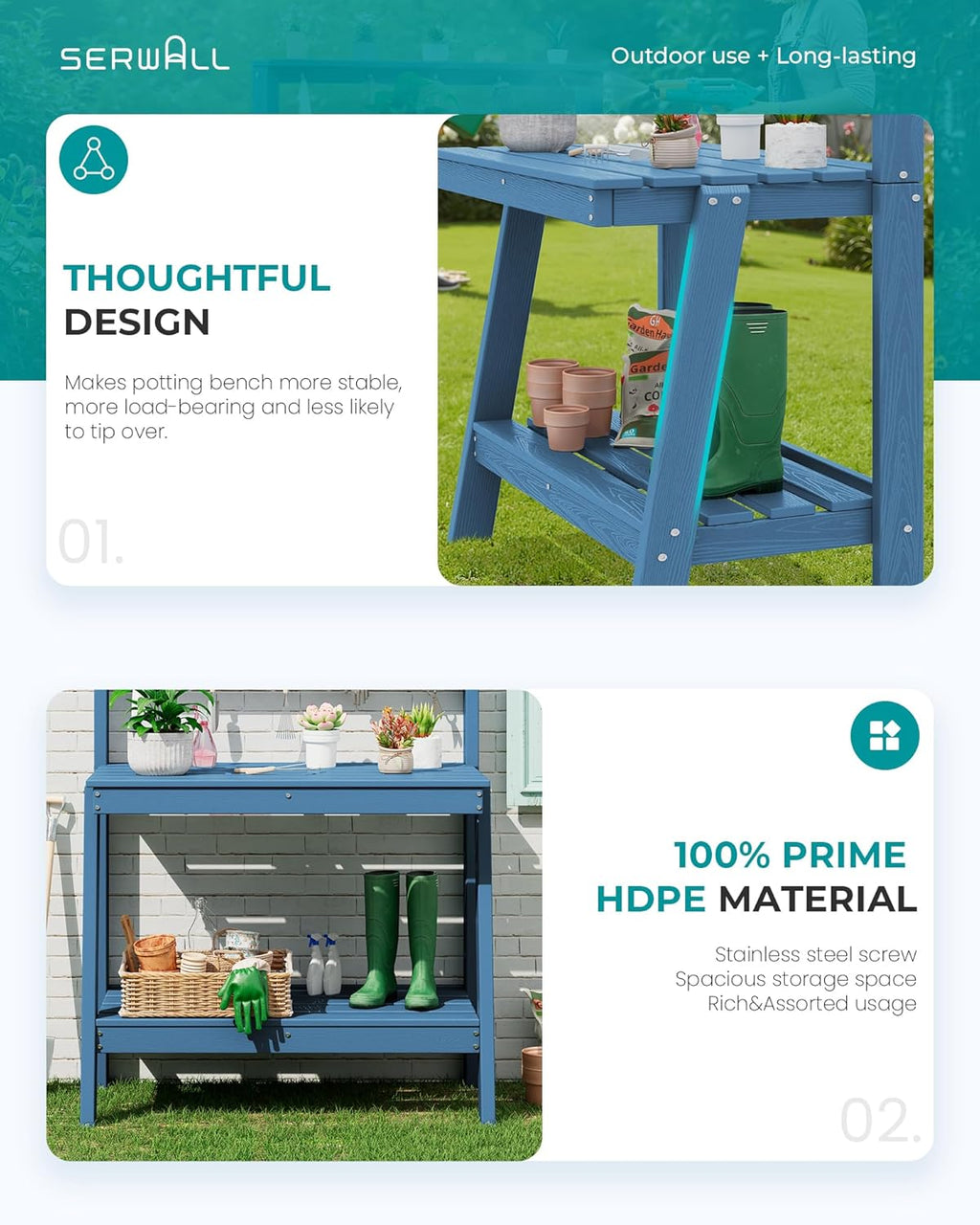 SERWALL Potting Bench Outdoor with Storage, 3-Tier HDPE Gardening Table with Angled Legs & Tool Hooks, All-Weather Heavy Duty Potting Table for Patio, Backyard, Garden, Blue