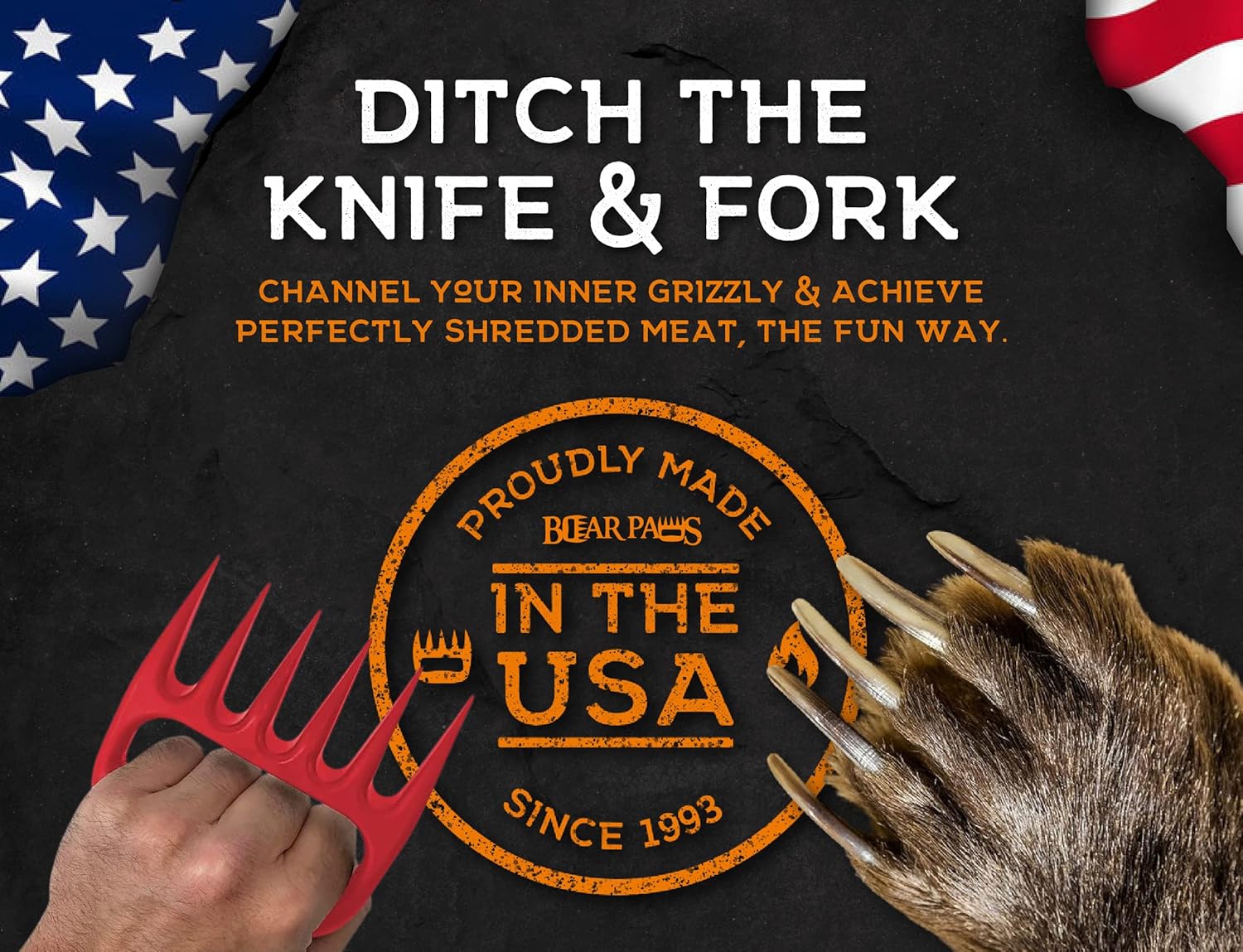 Bear Paws Meat Claws - The Original Meat Shredder Claws for Pulled Pork, USA Made - Easily Lift, Shred, Pull and Serve Pork, Chicken, Brisket and Turkey - Gift for Dad on Father's Day! (Red)