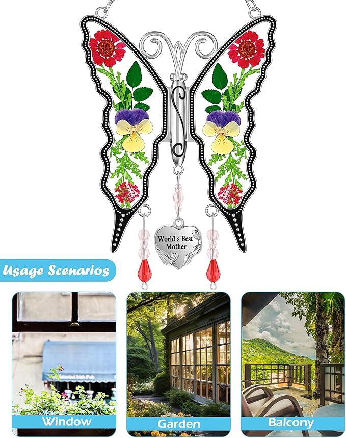 KY&BOSAM Butterfly Suncatcher World`s Best Mother Gifts Stain Glass Suncatchers for Windows Hanging Wind Chimes Home Ornament Gifts for Mom Mother`s Day Valentine's Birthday Christmas Thanksgiving