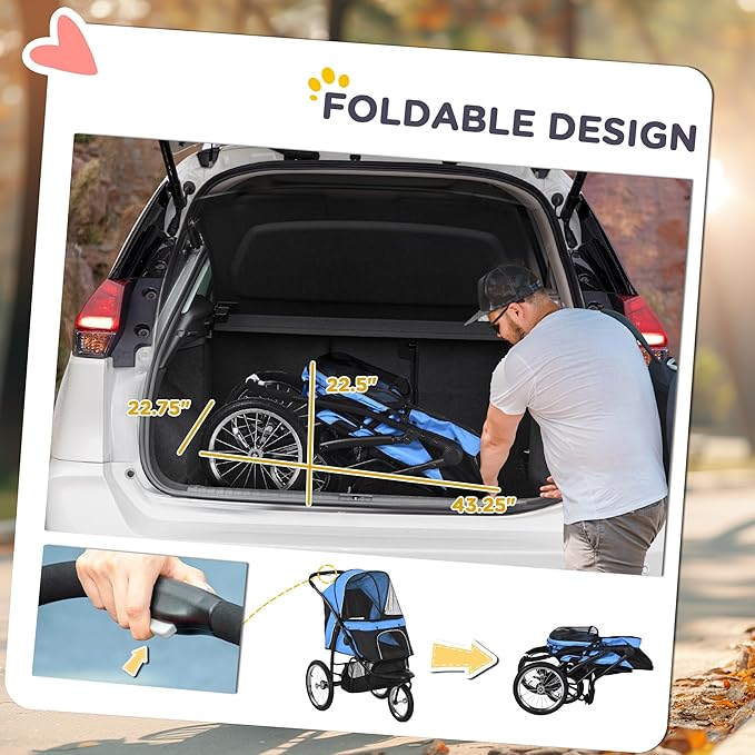 PawHut 3 Wheels Pet Stroller for Small and Medium Dogs, Foldable Cat Stroller Jogger with Adjustable Canopy, Safety Tether, Cushion, Storage Basket, Blue