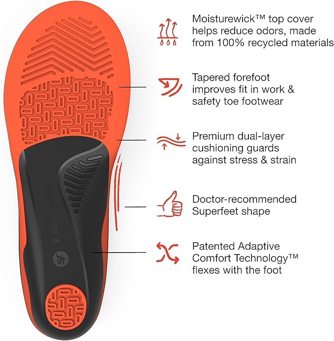 Superfeet Work Cushion - Trim-to-Fit Orthotic Shoe Inserts - Professional Grade - Men 7.5-9 / Women 8.5-10