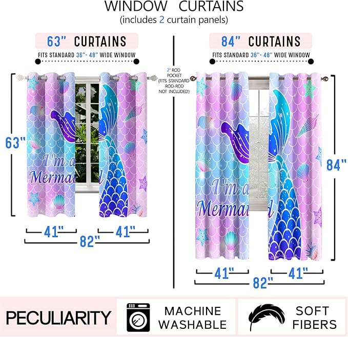 Mermaid Curtains Panels for Girls Room Pink Mermaid Blackout Curtains 63 inch Length for Girls Bedroom Living Nursery Room Grommet Top Thermal Insulated Curtains, 2 Pcs Panels, 82" x 63"