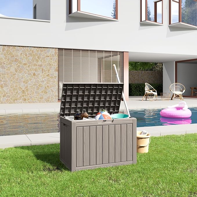 45 Gallon Resin Deck Box, Lockable Patio Outdoor Storage Box for Furniture, Garden Tools and Tools Storage, Waterproof Outside Storage Boxes - Grey