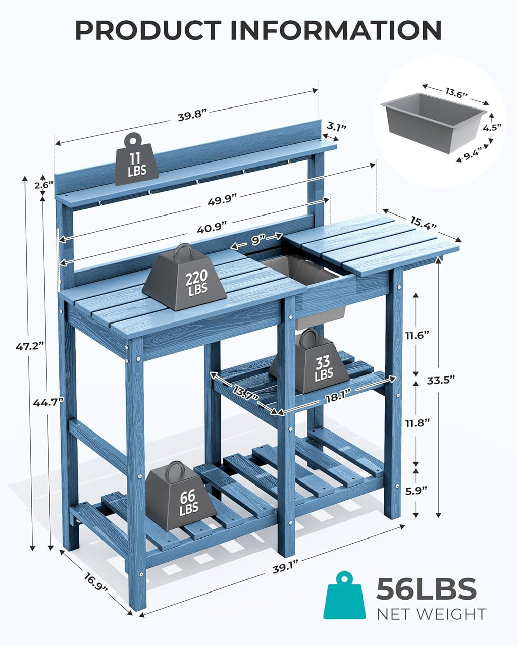 SERWALL Potting Table Outdoor Potting Bench with Sink, HDPE Potting Benches for Outside All Weather Use- Blue