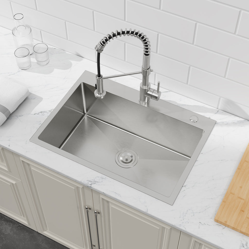 Stainless Steel Kitchen Sink, 27″x19″ Single Bowl, Overmount Handmade Sink in Dark Gray, with US Standard Drain and Hook