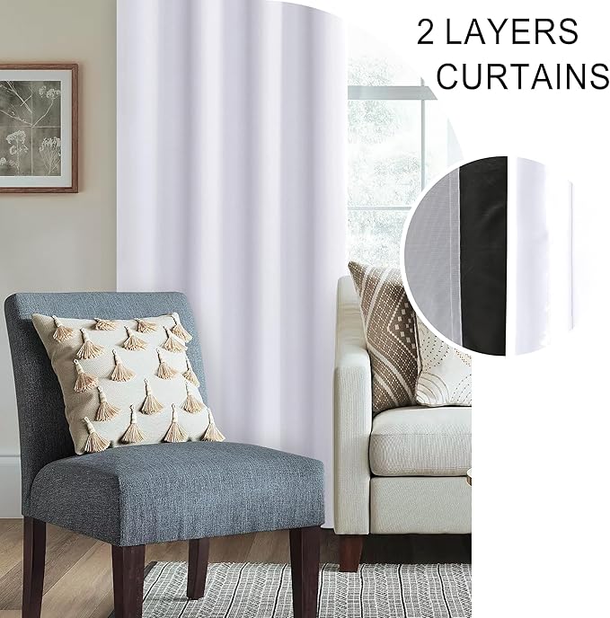 XWZO White 100% Blackout Curtains - Heat and Full Light Blocking Drapes with Black Liner for Bedroom/Laundry Room, Rod Pocket Window Panels with Tiebacks, White, W38 x L45, Set of 2