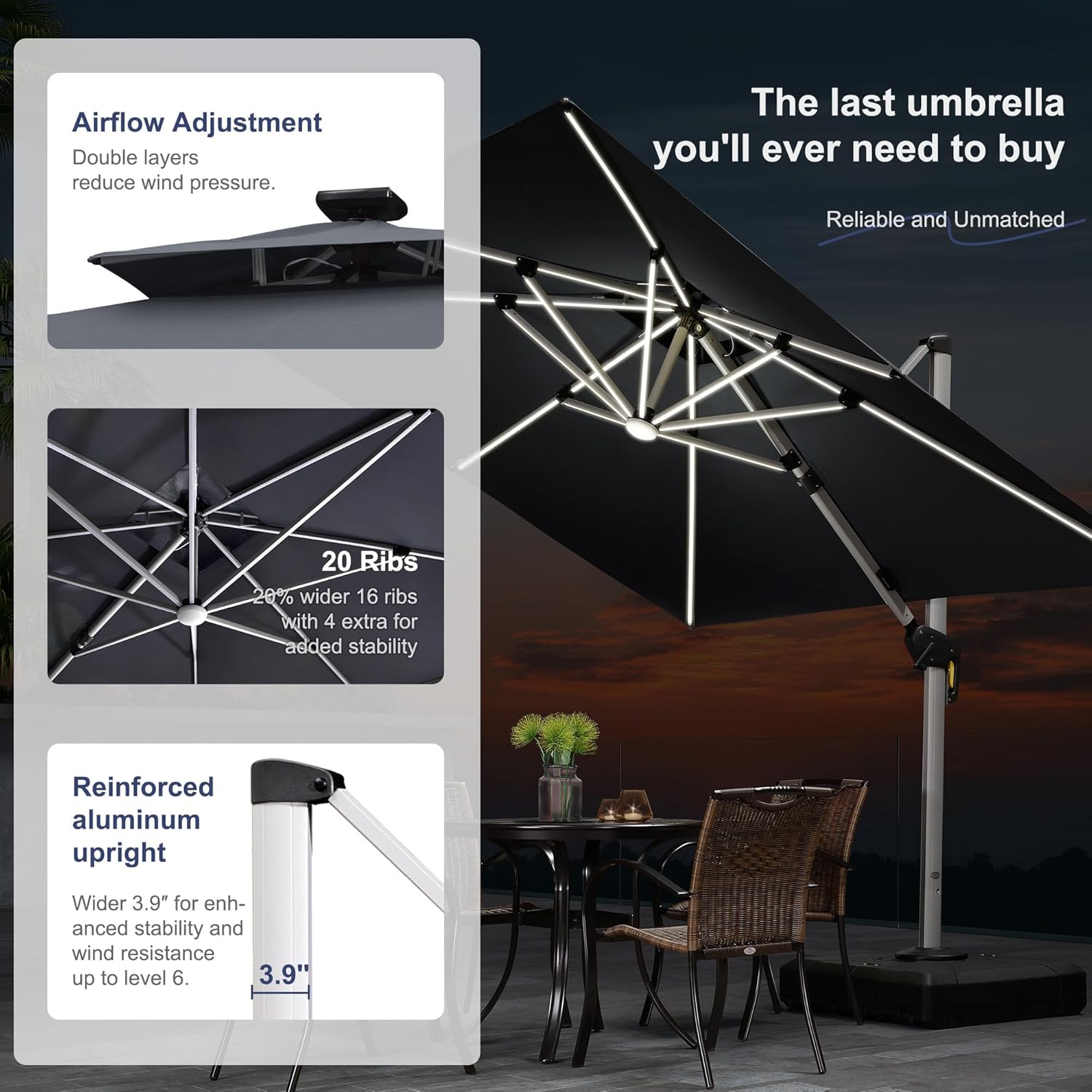 PURPLE LEAF 11 Feet Double Top Deluxe Solar Powered LED Square Patio Umbrella Offset Hanging Umbrella Outdoor Market Umbrella Garden Umbrella, Grey