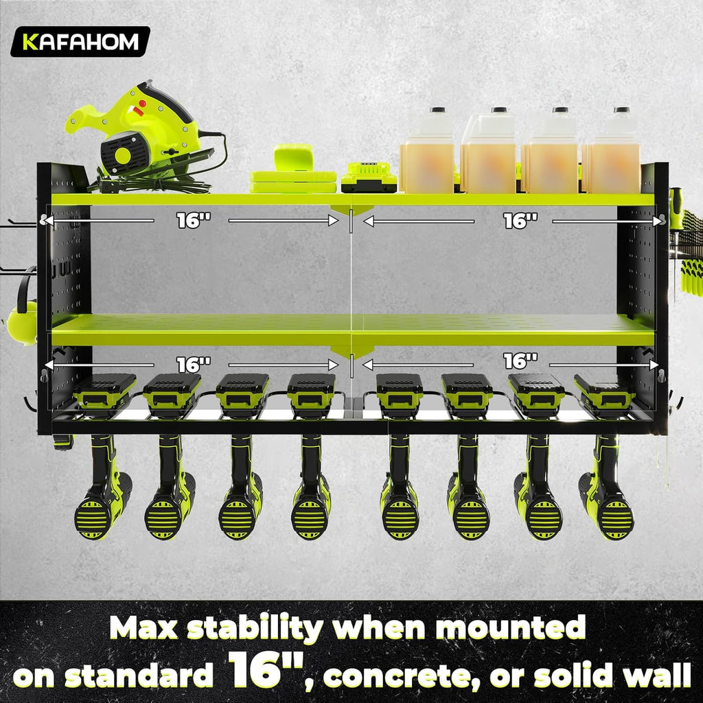 KAFAHOM Power Tool Organizer, Large 8 Drill Holder Wall Mount with 2 Side Pegboards, Heavy Duty Metal Tool Shelf with 12 Hooks, Storage Rack for Garage Organization, Battery Shelves - Green