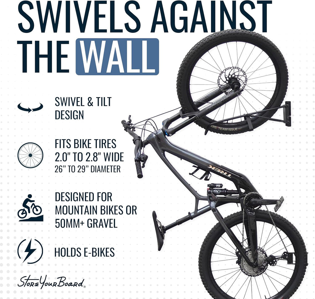 StoreYourBoard SwivelStow Mountain Bike Storage Rack 2 Pack – Heavy Duty Bike Hanger, No-Lift Bike Wall Mount for Garage Bike Storage, MTB and E-Bike, Holds 70 lbs, Patent-Pending