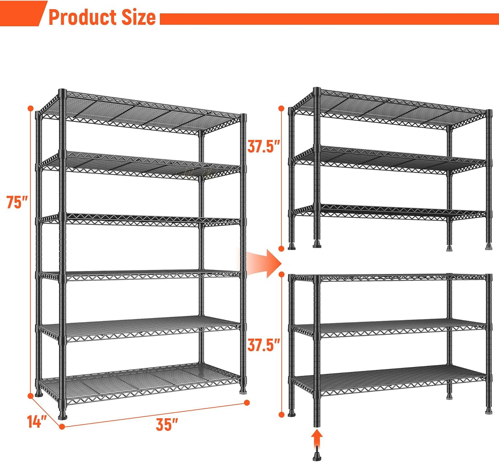 REIBII 75" H Metal Shelving 6 Tier Storage Shelf Adjustable Kitchen Shelf Wire Shelving Unit Detachable Storage Rack for Kitchen Laundry Living Room Commercial Heavy Duty Metal Shelf 75" X35" X14"