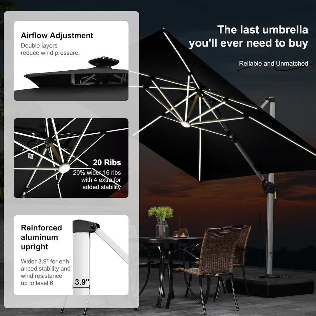 PURPLE LEAF 11 Feet Double Top Deluxe Solar Powered LED Square Patio Umbrella Offset Hanging Umbrella Outdoor Market Umbrella Garden Umbrella, Black