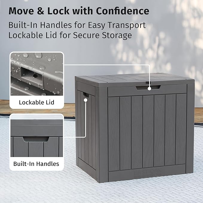 EAST OAK Outdoor Storage Box, 31 Gallon Deck Box Indoor and Outdoor Use, Waterproof Resin Storage Bin for Package Delivery, Patio Cushions, Gardening Tools, Lockable, UV Resistant, Grey