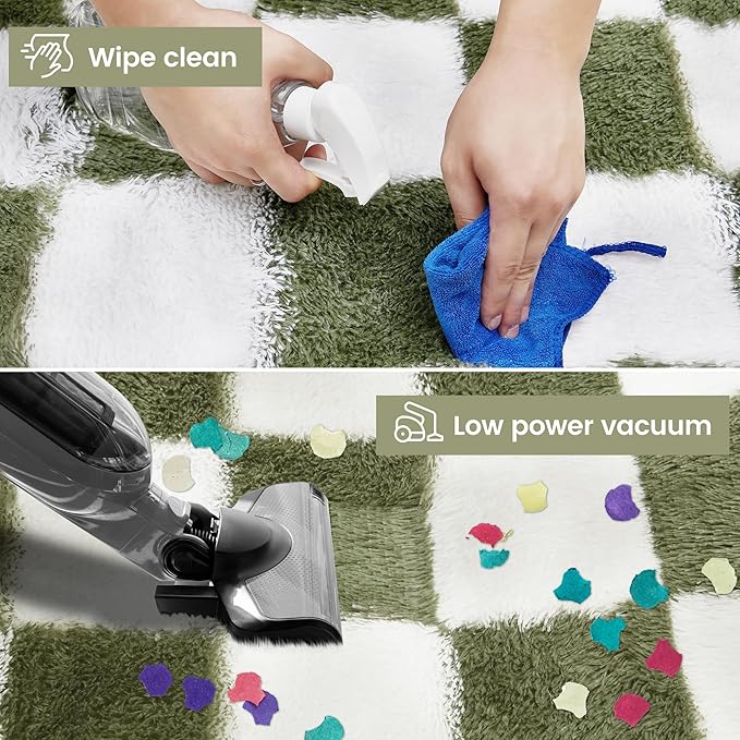 Super Soft Rug for Bedroom, 5x8 Ft Green and White Area Rug Classic Checkered Shaggy Anti-Skid High Pile Soft Fluffy Rug Fuzzy Carpet for Living Room Bedroom Kids Room Nursery, Dorm Home Decor