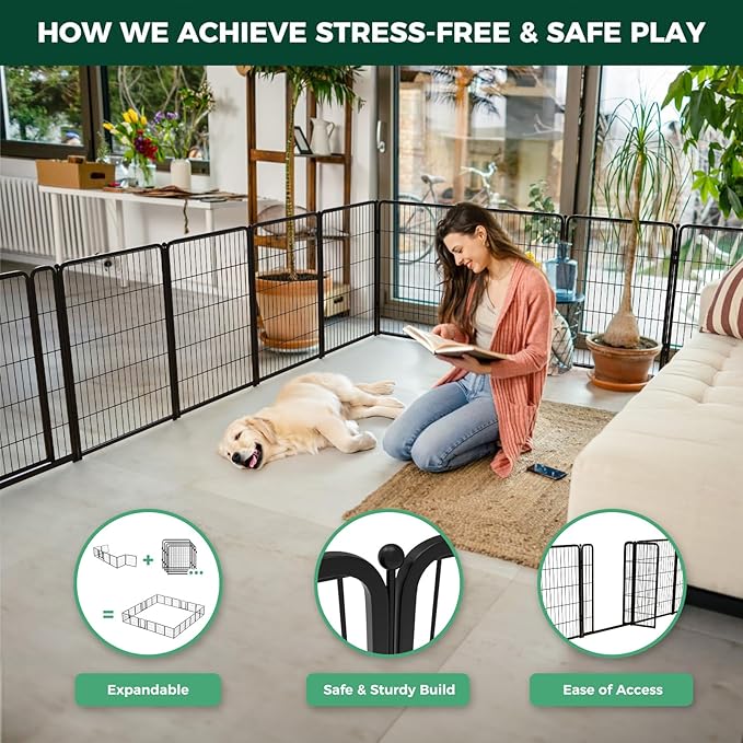 FXW Homeplus Unleashed Indoor Dog Playpen - Stress-Free and Safe Play, Heavy Duty 40 Inch 6 Wire Panels Dog Pen for Medium and Large Dogs, Black│Patented