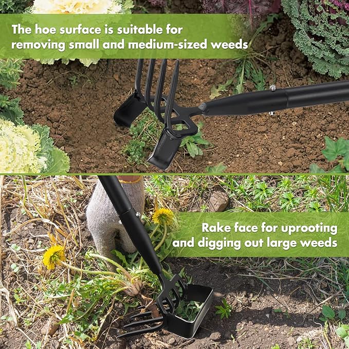 INFLATION Stirrup Hand Hula Hoe Heavy Duty Metal Gardening Weed Puller Tool 4 Tines Prong 2-in-1 Herb Stripper Yard Rake for Women Kids Men Garden Grandpas Weeder 32-62 inch Long Adjustable Handle