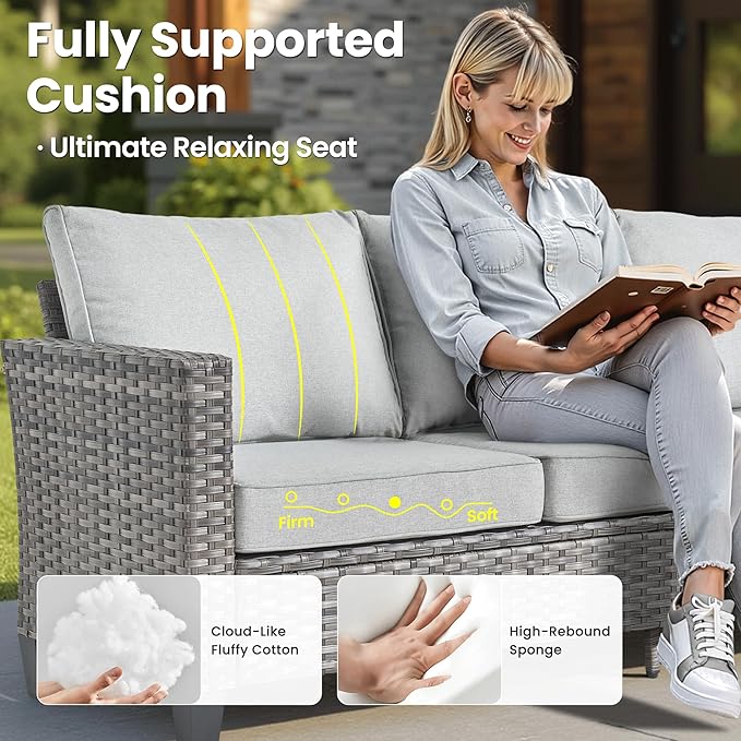ovios 7 Pieces Patio Furniture Set with 54" Fire Pit Table, Outdoor Wicker Sofa with Comfy Cushions, All Weather High Back Rattan Couch Conversation Set, Grey