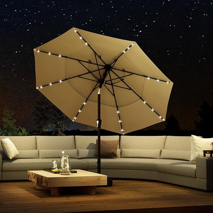 Kingdura 10ft 3-Tier Patio Umbrella with Solar Lights, Table Umbrella Outdoor Patio with Easy Crank & Tilt, 8 Sturdy Ribs, UV Protection, 32 LED Lights for Deck, Poolside, Market (Beige)