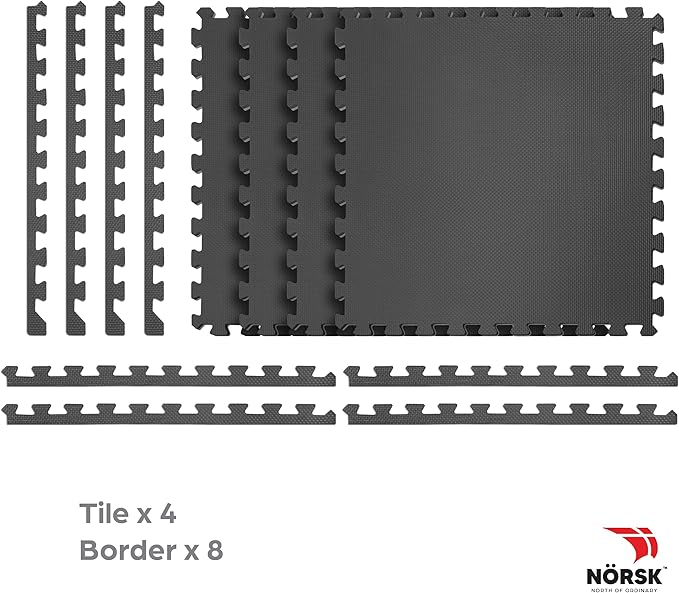 Norsk Multi-Purpose Reversible Floor Mats - EVA Interlocking Foam Tiles (Gray/Black 12 Tiles - 48 sq. Ft. 1/2" Thick)