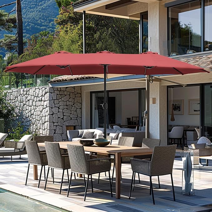 GREEN PARTY 15 ft Rectangle Patio Umbrella with Base Included, Double-Sided Table Umbrella with Crank, Large Outdoor Umbrellas for Patio Poolside Garden Backyard, Burgundy Red