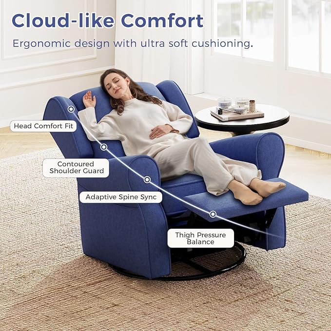 Swivel Rocker Recliner Chair Set of 2, Nursery Glider Chair, Nursery Rocking Chairs, Manual Reclining Chair, Blue