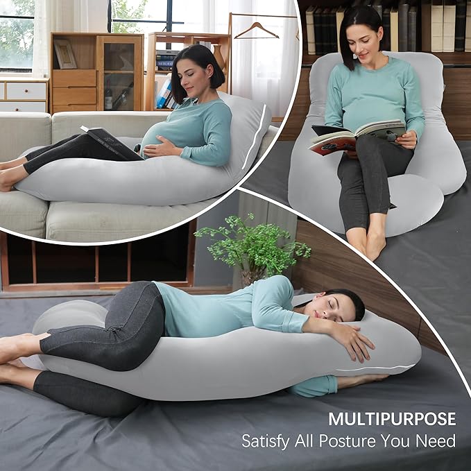 MOON PARK Pregnancy Pillows for Sleeping - U Shaped Full Body Maternity Pillow with Removable Cover - Support for Back, Legs, Belly, HIPS - 57 Inch - Light Grey - Cooling Cover