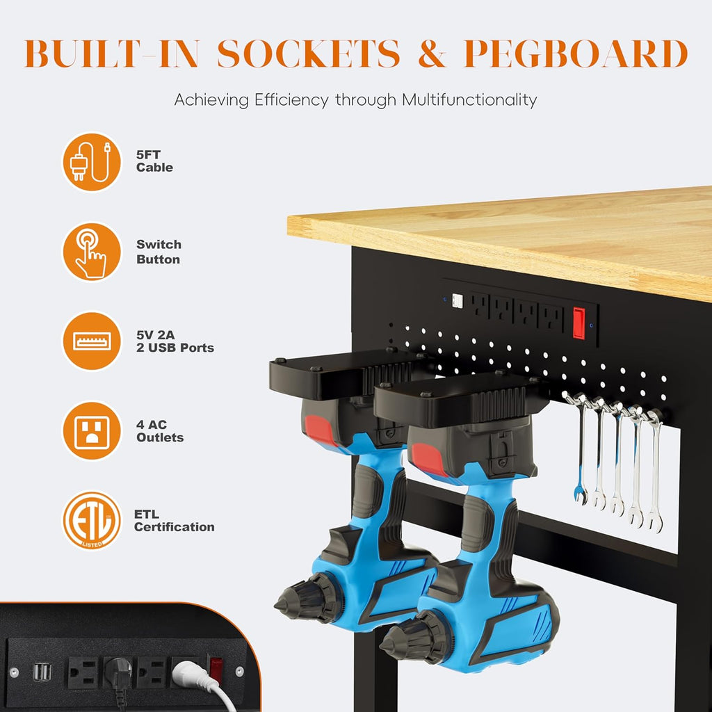 60" Adjustable Workbench on Wheels, 2000 LBS Heavy Duty Work Table with Power Outlets & Pegboard, Rubber Wood Workstation for Garage, Workshop, Office, Home, Commercial