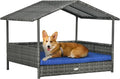 PawHut Wicker Dog House Outdoor with Canopy, Rattan Dog Bed with Water-Resistant Cushion, Raised Dog Bed for Small, Medium Dogs up to 66 lbs, 19.75" in Length, Gray Wicker, Dark Blue Cushion