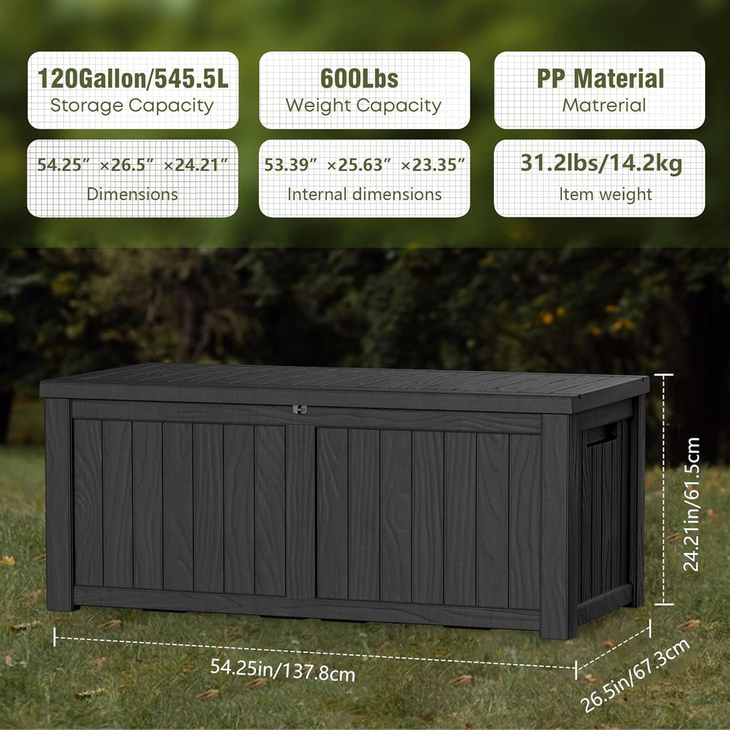 150 Gallon Waterproof Large Resin Deck Box Indoor/Outdoor Lockable Storage Container and Seating for Garden, Pool, and Patio (150 Gallon, Black)