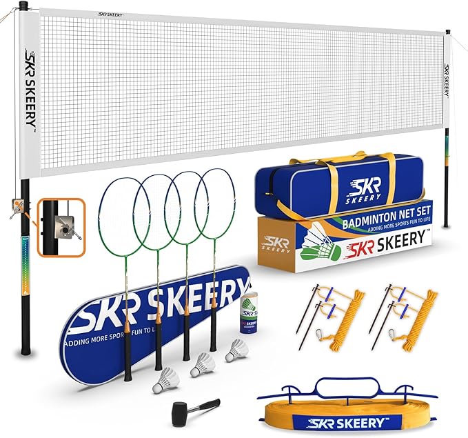 Professional Badminton Set with Winch System,Portable Badminton Net includes Carbon Aluminum Badminton Rackets Set of 4,3 Shuttlecocks and Carrying Bag,Badminton Sets for Backyards,Beach