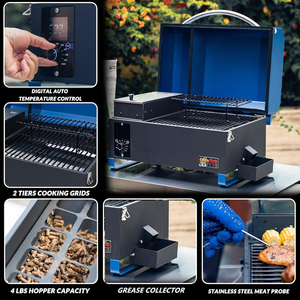 Onlyfire BBQ Wood Pellet Grill Smoker with Digital Control, LED Screen, Meat Probe & 2 Tiers Cooking Area, Portable Tabletop Grilling Stove for BBQ, Smoke, Bake and Roast, RV Camping, Blue