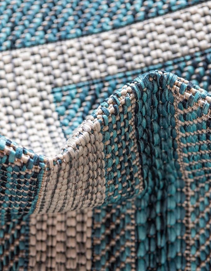 Unique Loom Outdoor Border Collection Area Rug - Soft Border (5' 1" Round, Teal/ Ivory)