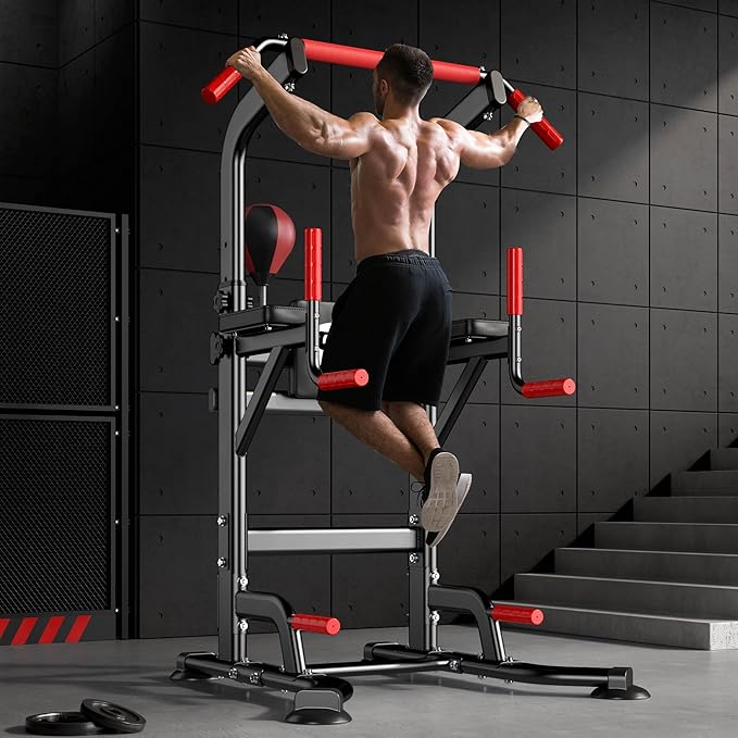 soges Pull Up Bar Dip Station, Power Tower with Boxing Speed Ball & Spinning Target, Adjustable Height Dip Stand Strength Training Fitness Workout Station, Assistive Trainer Pull Up Stand