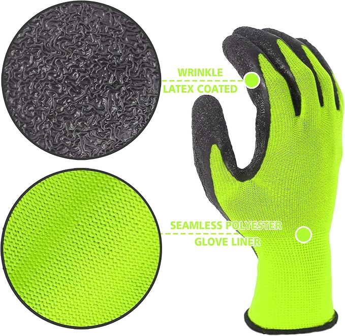 Evridwear Crinkle Latex Rubber Hand Coated Safety Work Gloves for Men Women General Multi Use Construction Warehouse Gardening Assembly Landscaping (X-Large,Green- 12Pair)