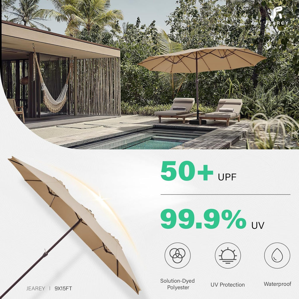 JEAREY 15FT Patio Umbrella Large Outdoor Umbrella Extra Double-Sided Market Umbrella with Crank Handle for Garden, Deck, Backyard and Pool, Beige