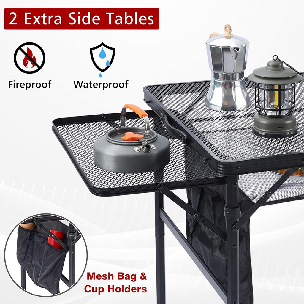 Folding Grill Table, 3x2 FT Portable Camping Table with 2 Wing Panels, Height Adjustable Metal Tables with Mesh Desktop and Mesh Bag, Outdoor Furniture for Camping, Picnic, Beach and BBQ, Black