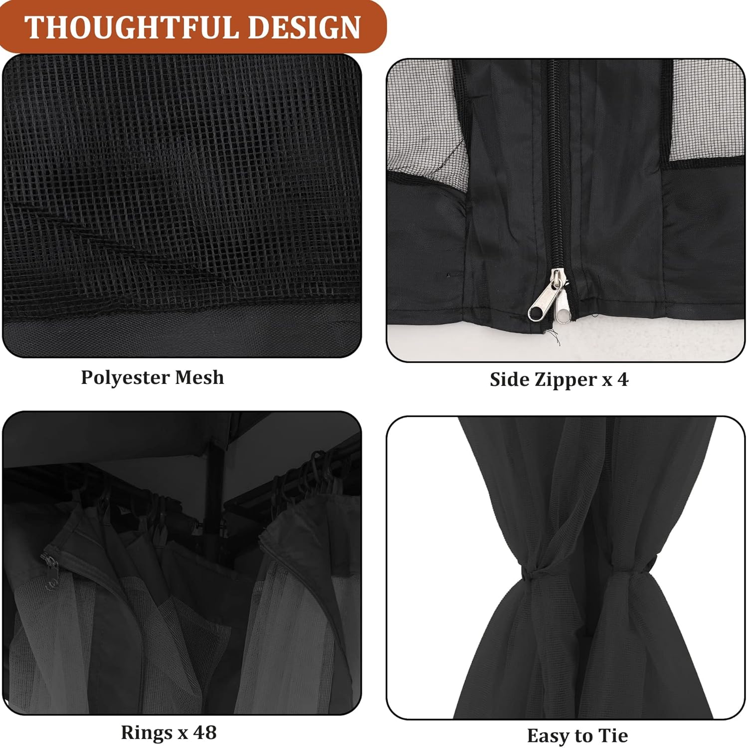 Gazebo Mosquito Netting Replacement 10' x 12' x 7'1'', Universal 4-Panel Screen Sidewall with Zipper, Black (Mosquito Net Only)